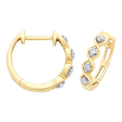 9ct Yellow Gold Twist Design Diamond Huggie Earrings.