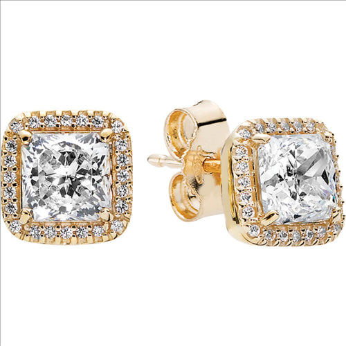 14ct Gold Cubic Zirconia Halo Cluster Stud Earrings.