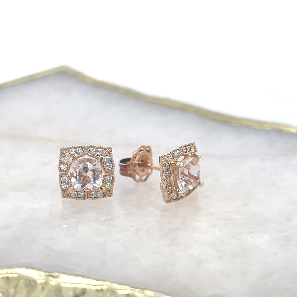 9ct Rose Gold Cushion Cut Morganite & Diamond Studs