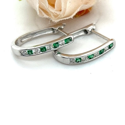 Created Emerald & Diamond Huggie Earrings in 9ct White Gold.