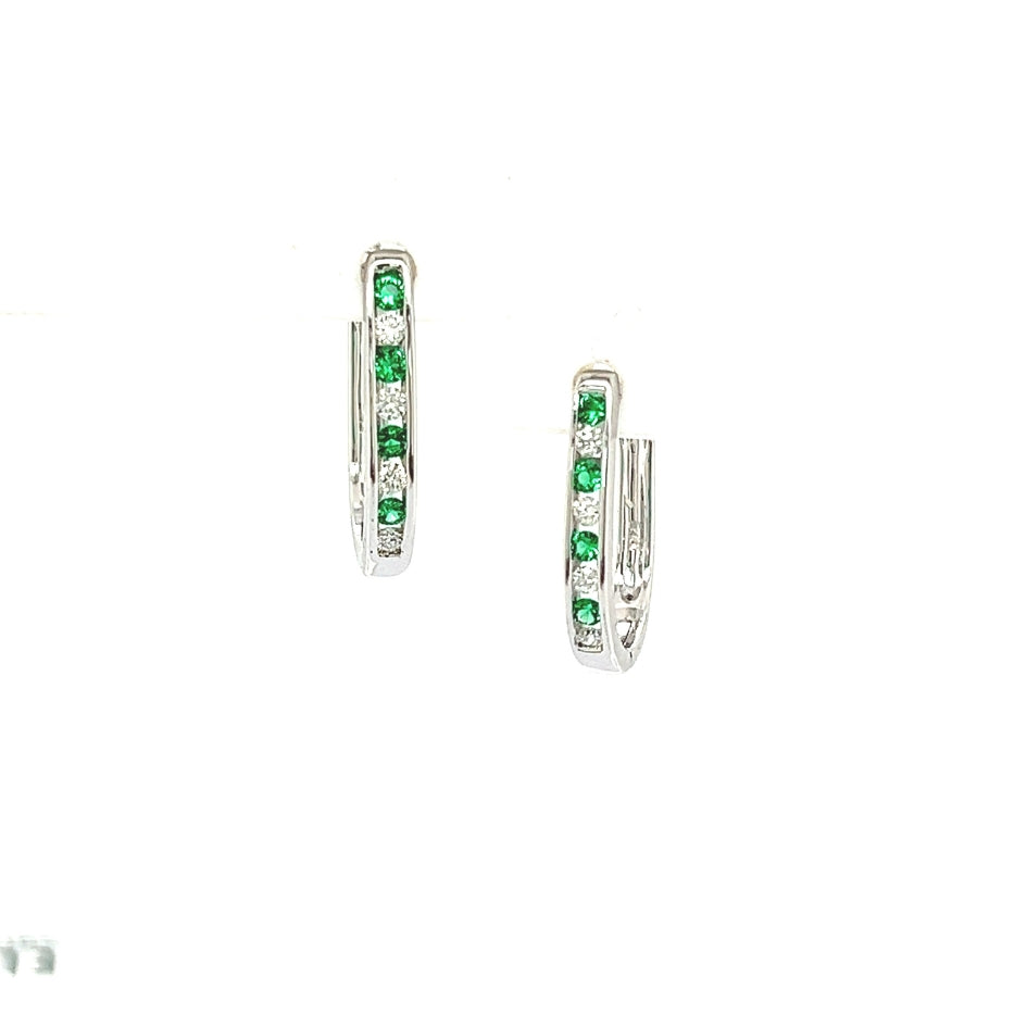 Created Emerald & Diamond Huggie Earrings in 9ct White Gold.