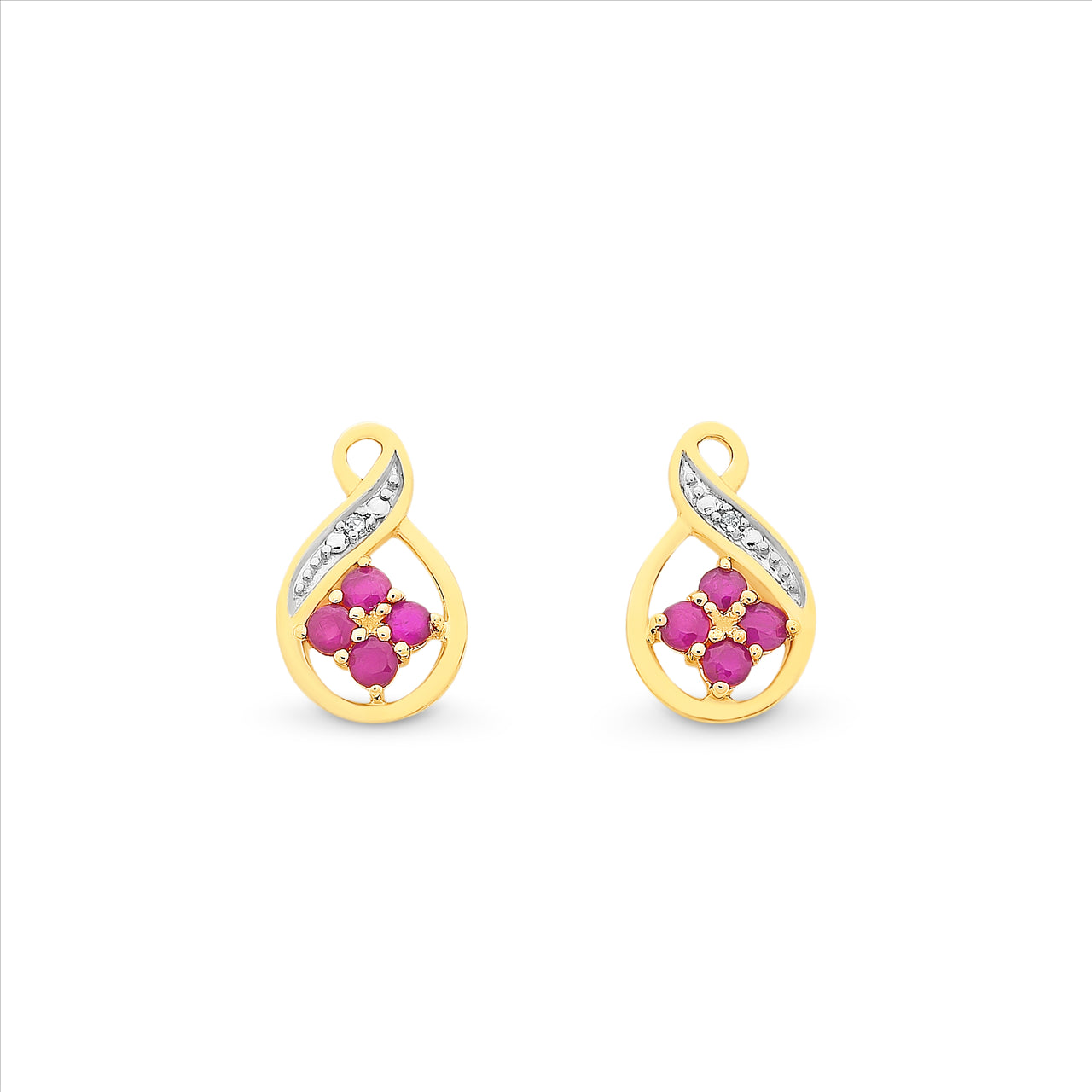 9ct Yellow Gold flower Natural Ruby & Diamond Stud Earrings
