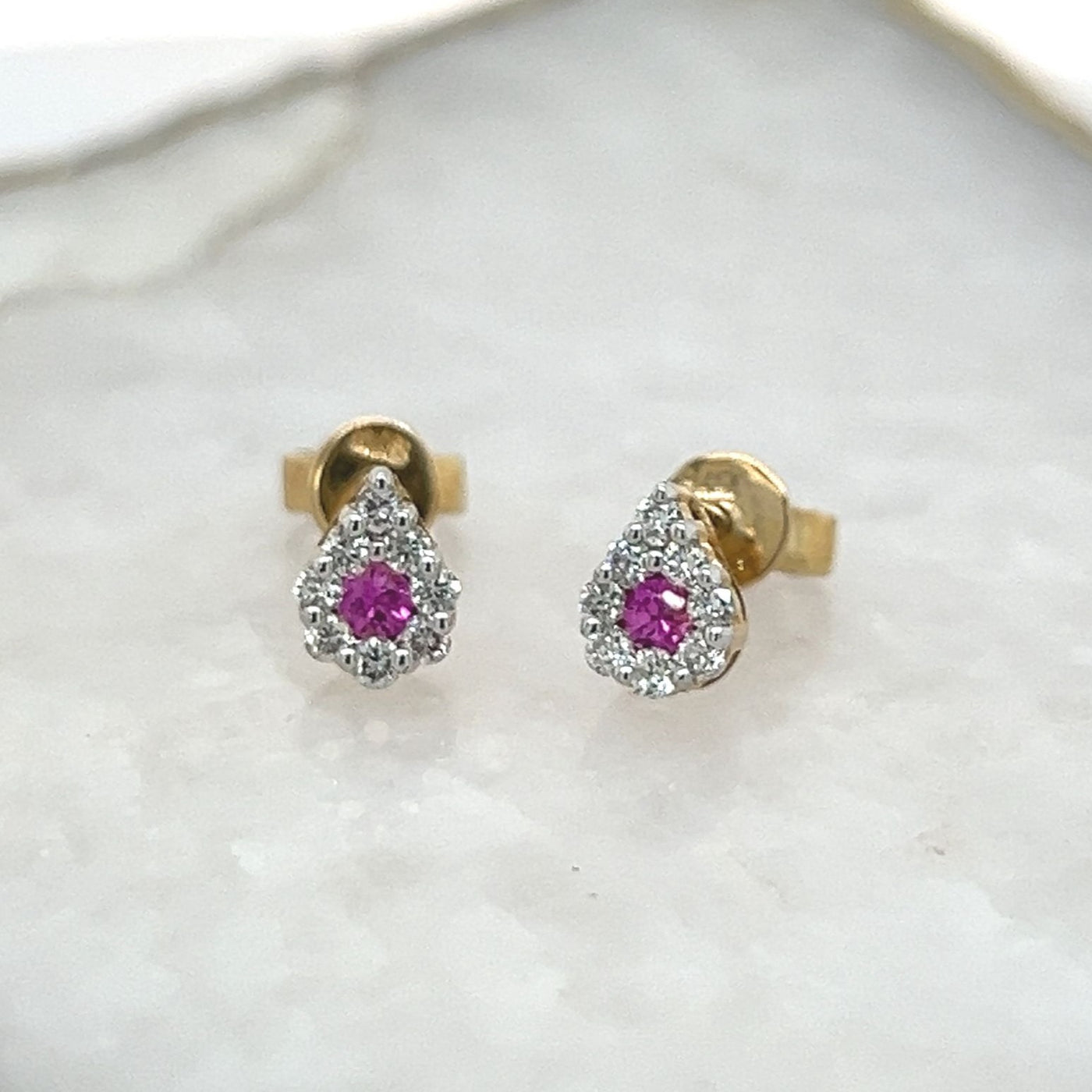 Pink Sapphire & Diamond Teardrop Cluster Stud Earrings.