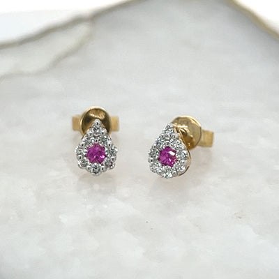 Pink Sapphire & Diamond Teardrop Cluster Stud Earrings.