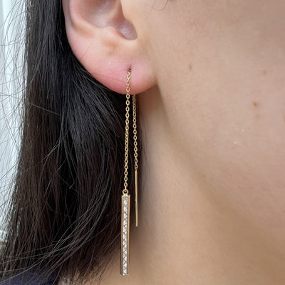 9ct Yellow Gold Long Bar CZ Thread Earrings