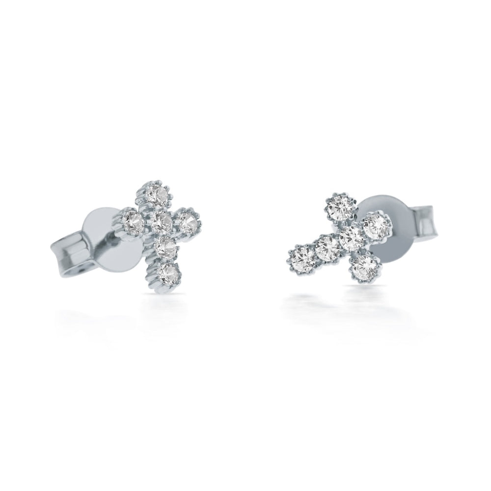 9ct White Gold MIni Cubic Zirconia Set Cross Stud Earrings