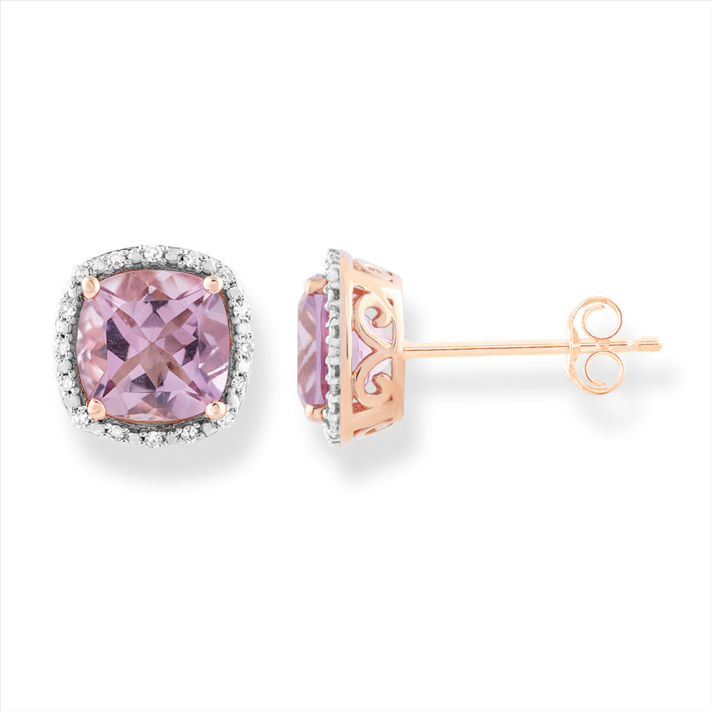 9ct Rose Gold Cushion Cut Pink Amethyst & Diamond Cluster Stud Earrings.