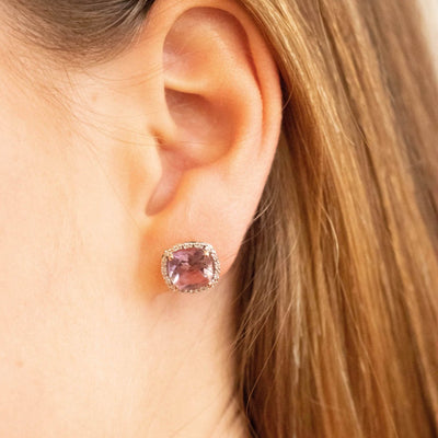 9ct Rose Gold Cushion Cut Pink Amethyst & Diamond Cluster Stud Earrings.