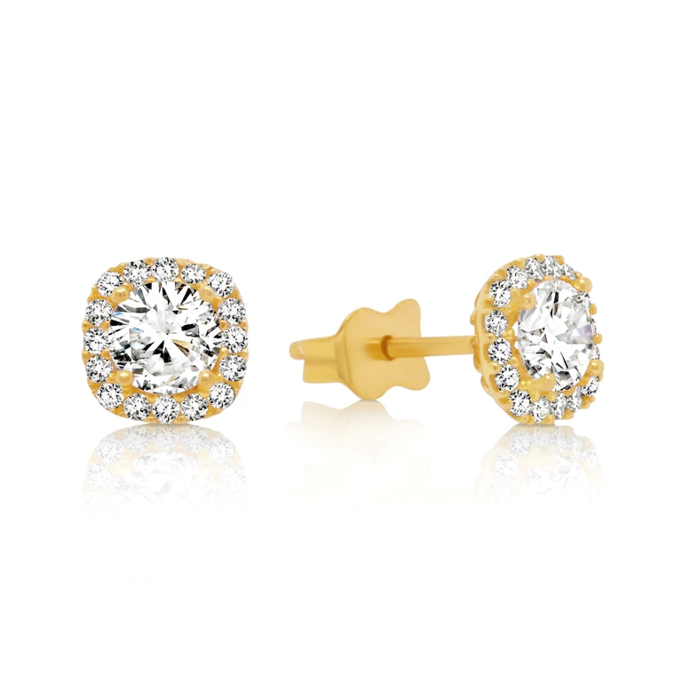 9ct Gold Cushion Shaped CZ Stud Earrings.