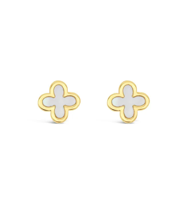 9ct Yellow Gold Clover Stud Earrings featuring Mother of Pearl.