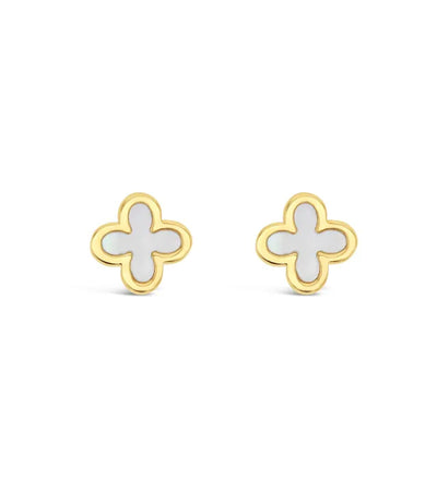 9ct Yellow Gold Clover Stud Earrings featuring Mother of Pearl.