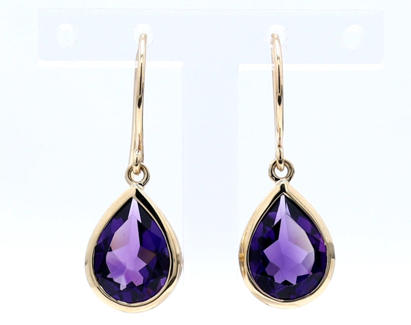 9ct Yellow Gold Amethyst Pear Bezel Drop Hook Earrings