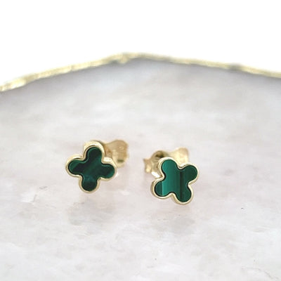 Clover Stud Earrings with Malachite in 9ct Yellow Gold.