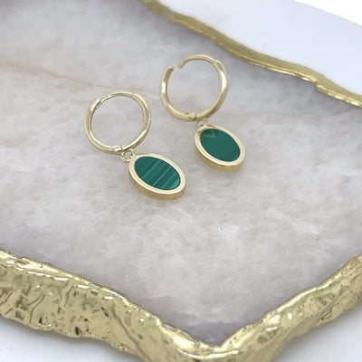 Oval Malachite Drop Earring in 9ct Yellow Gold.