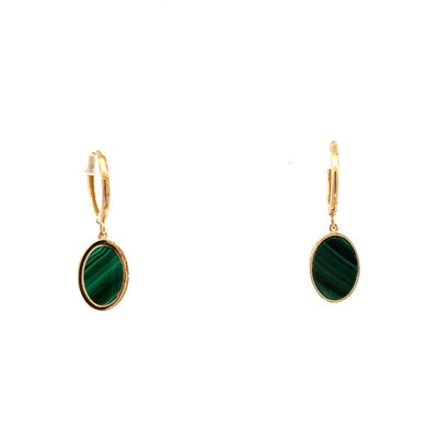 Oval Malachite Drop Earring in 9ct Yellow Gold.