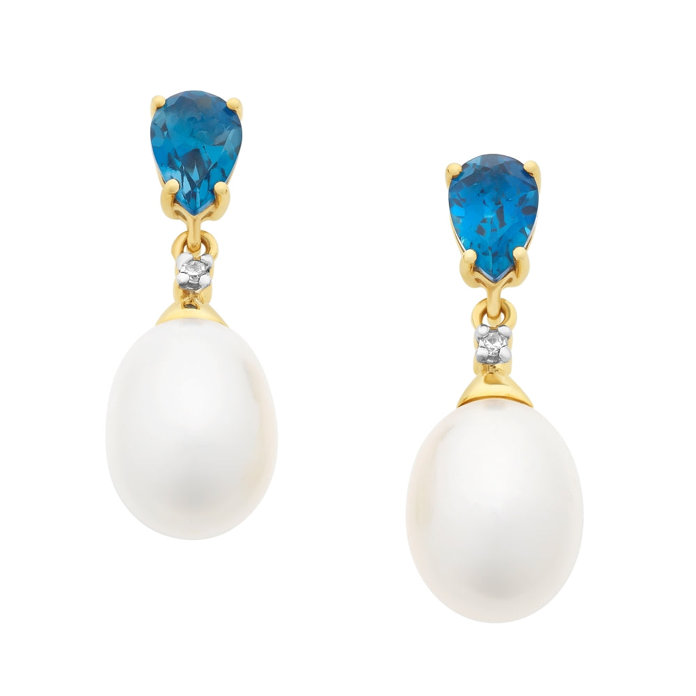 9ct Yellow Gold Pear-Shaped London Blue Topaz & Freshwater Pearl Drop Earrings – Elegance in Every Detail.