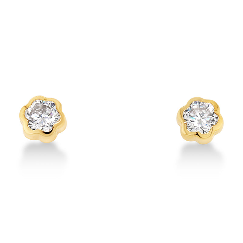 9ct Yellow Gold 4mm Flower-Shaped Cubic Zirconia Stud Earrings – Bezel Set