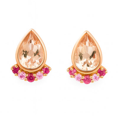 9ct Rose Gold Pear Shape Morganite, Ruby & Pink Sapphire Stud Earrings.