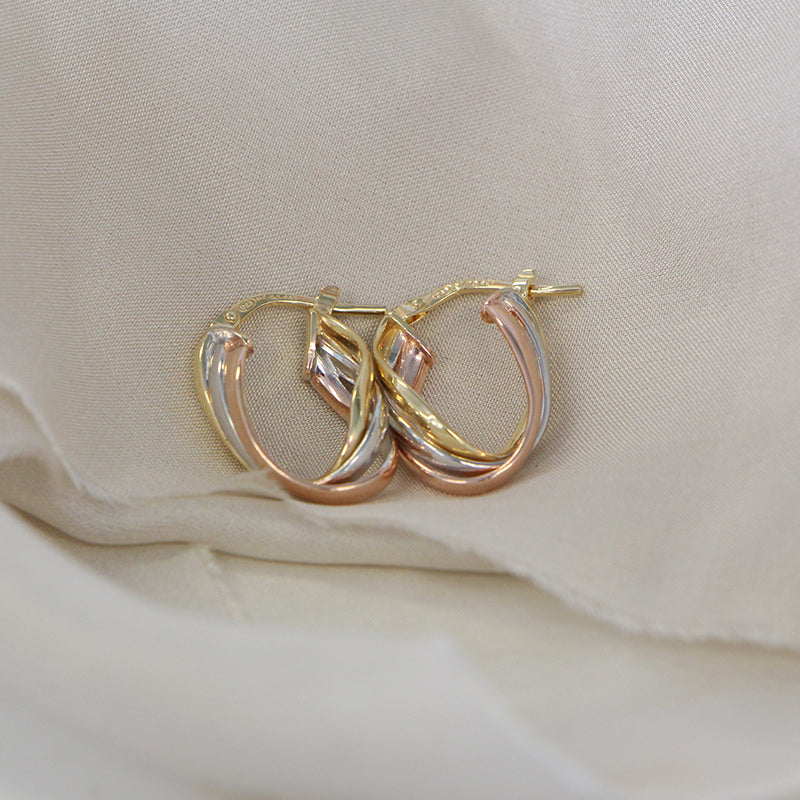 9ct 3 Tone Silver Filled Interlocking Twist Hoop Earrings