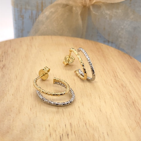 9ct Yellow & White Gold Open Patterned Oval Hoops