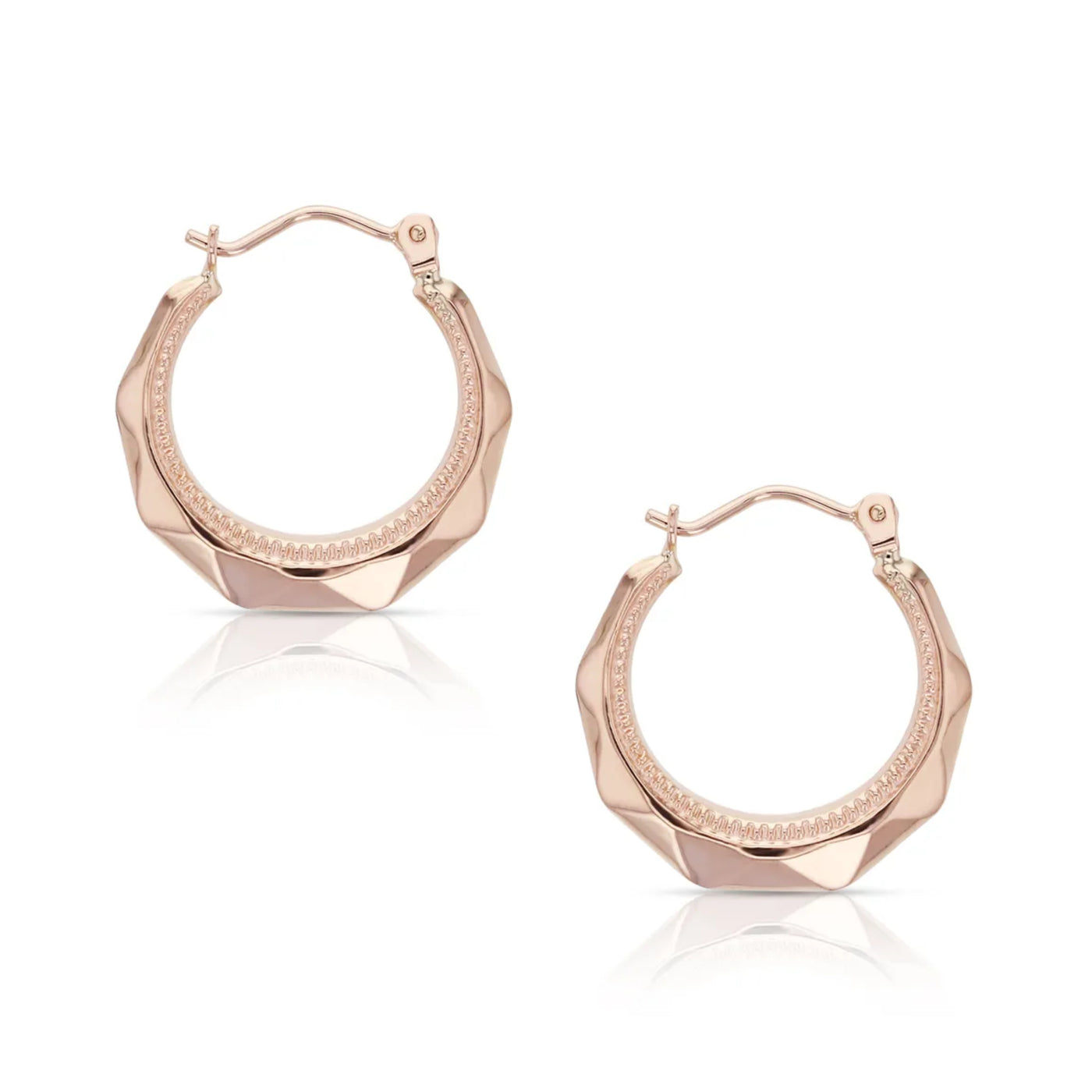 9ct Rose Gold Faceted Crescent Shape Hoop Earrings.