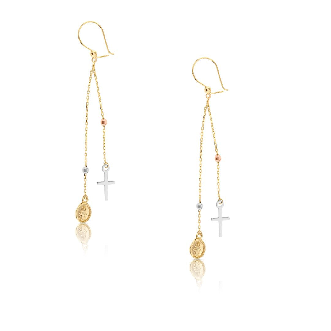 9ct Gold Cross & Madonna Drop Earrings.