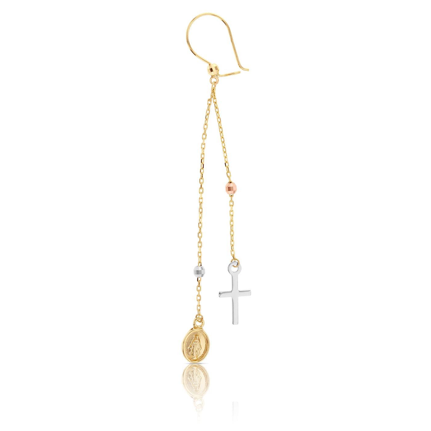 9ct Gold Cross & Madonna Drop Earrings.