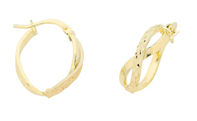 9ct Gold Oval Infinity Design Hoop Earrings.