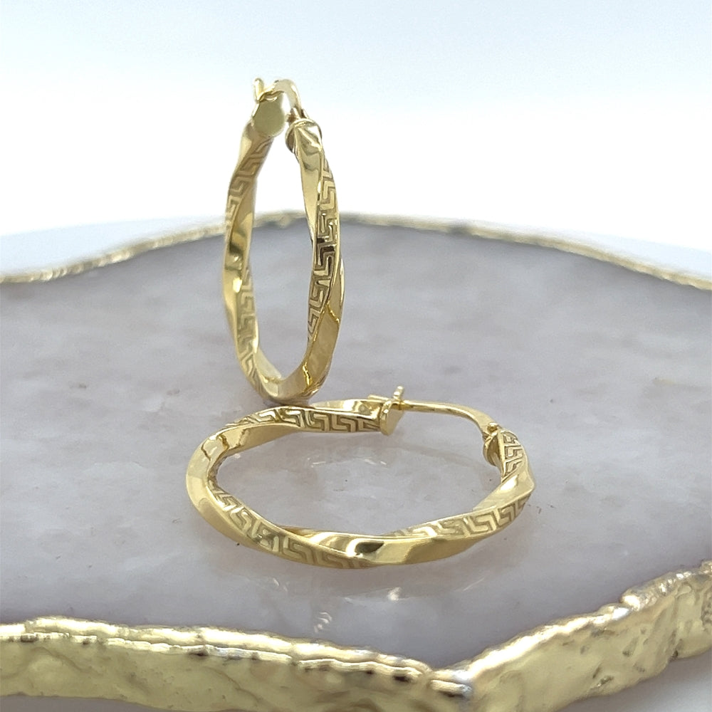 9ct Yellow Gold Greek Key Pattern Twist Hoop Earrings.