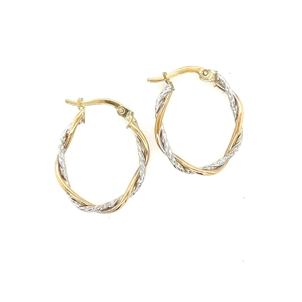 9ct 2 Tone Oval Twist Hoop Earrings.