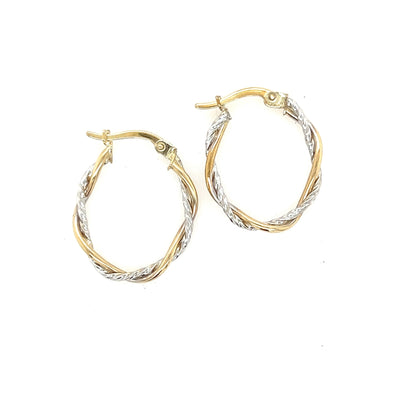 9ct 2 Tone Oval Twist Hoop Earrings.