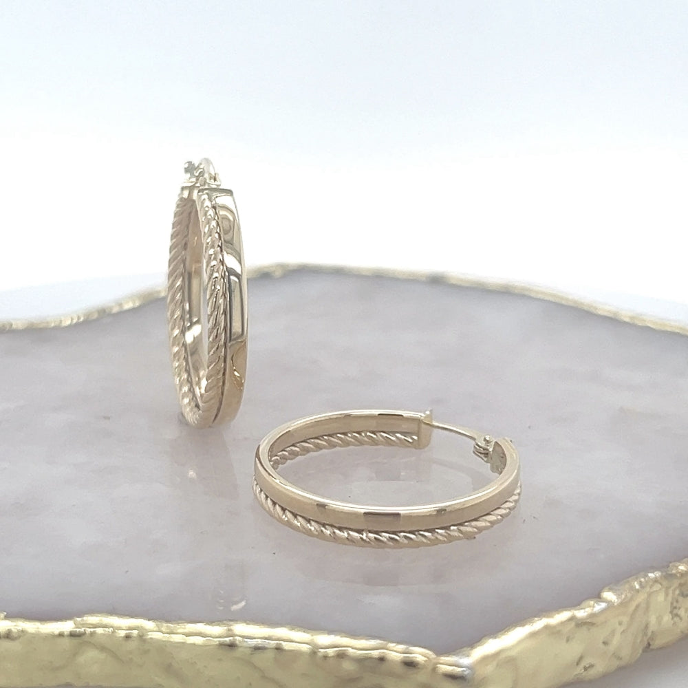 9ct Gold Double Hoop Earrings Featuring Plain & Twist Finish