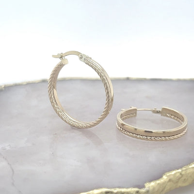 9ct Gold Double Hoop Earrings Featuring Plain & Twist Finish