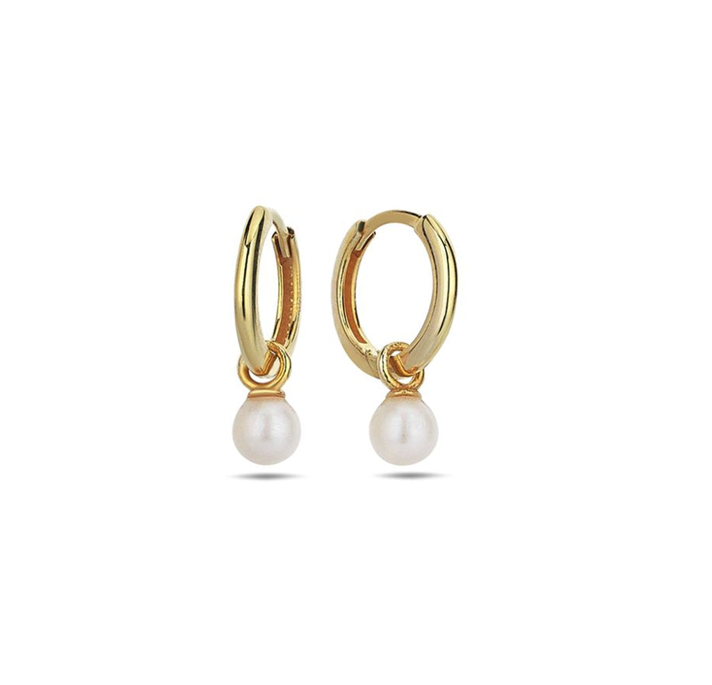 9ct Gold Small Plain Huggie Earrings with Pearl Drop Enhancer.