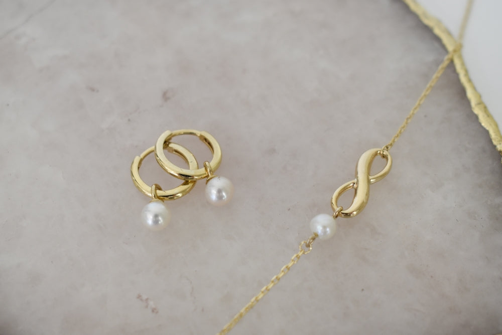 9ct Gold Small Plain Huggie Earrings with Pearl Drop Enhancer.