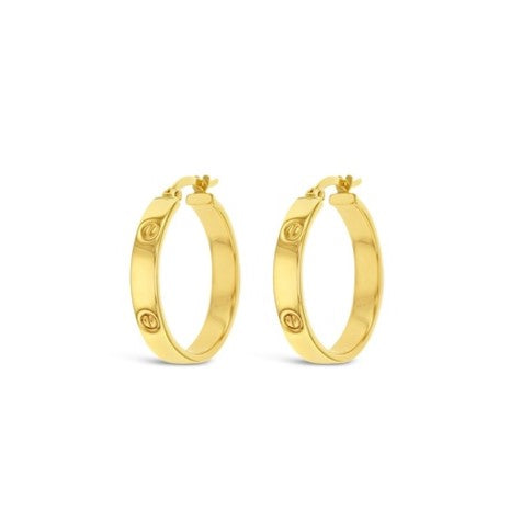 9ct Yellow Gold Flat Hoop Earrings with Screw head Pattern