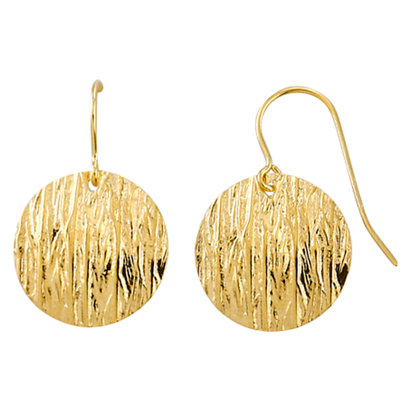 9ct Gold Bark Finish Drop Earrings.