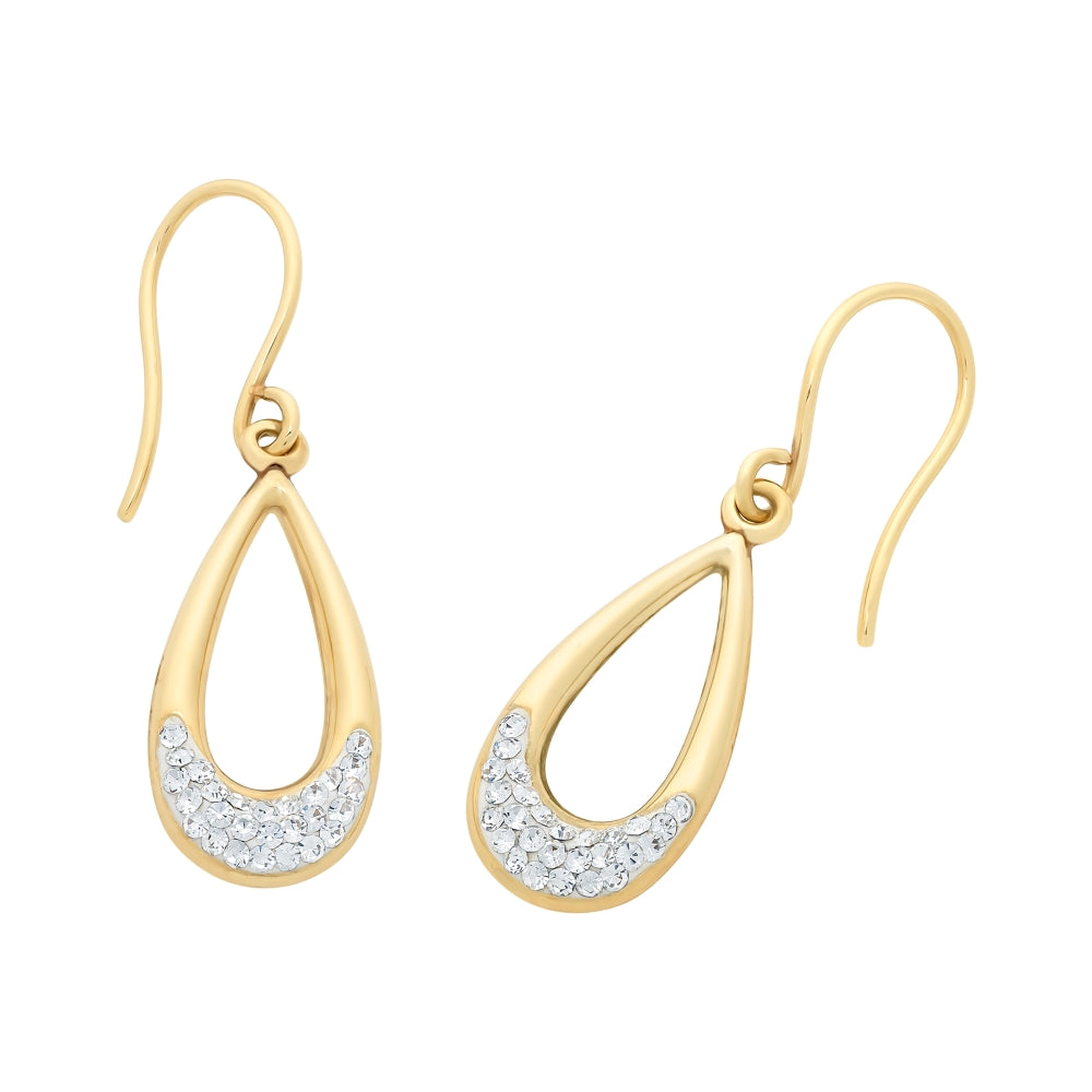 9ct Yellow Gold Open Teardrop Hook Earrings set with crystals.