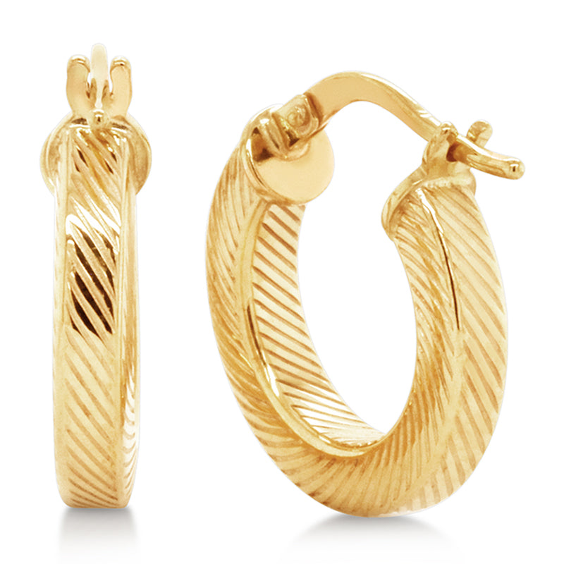 Yellow Gold Diagonal Pattern, Flat Profile
 Hoop Earrings