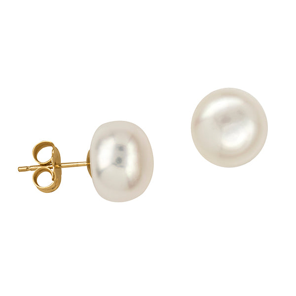 9ct Yellow Gold 10mm White Button Pearl Stud Earrings