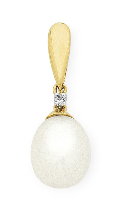 9ct Gold Freshwater Teardrop Pearl & Diamond Pendant