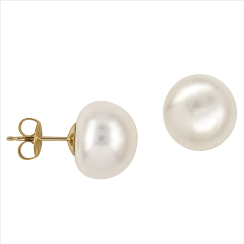 9ct Yellow Gold 12mm White Button Pearl Stud Earrings