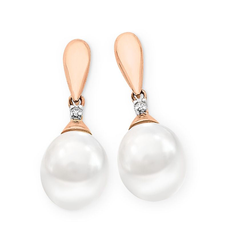 9ct Rose Gold Pearl & Diamond Drop Earrings