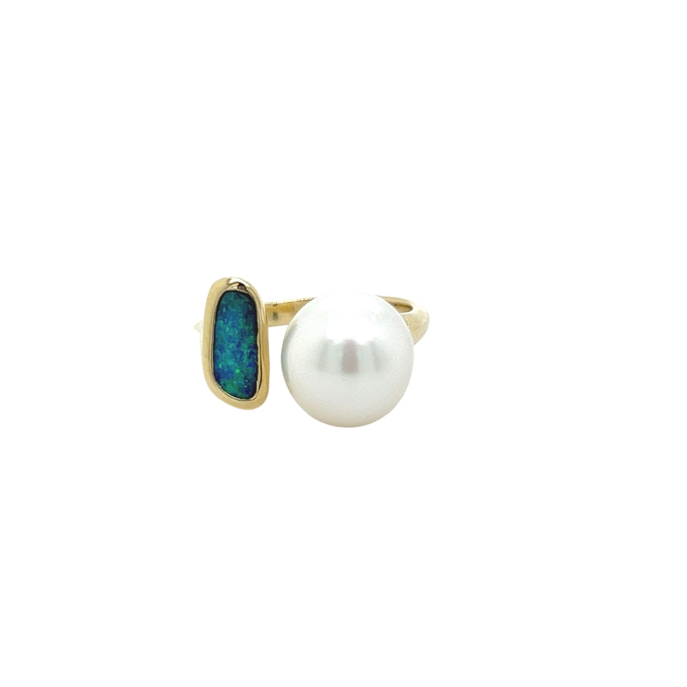 9ct Gold Solid Boulder Opal & South Sea Pearl Ring.