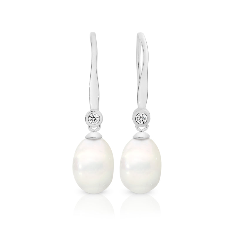 White Freshwater Pearl & Cubic Zirconia Drop Earrings.