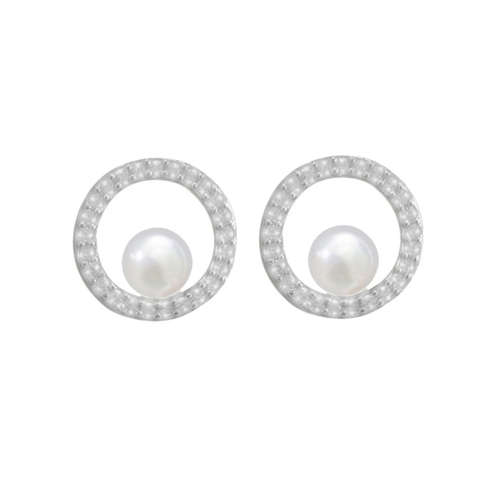 Open Freshwater Pearl & Cubic Zirconia Circle Stud Earrings.