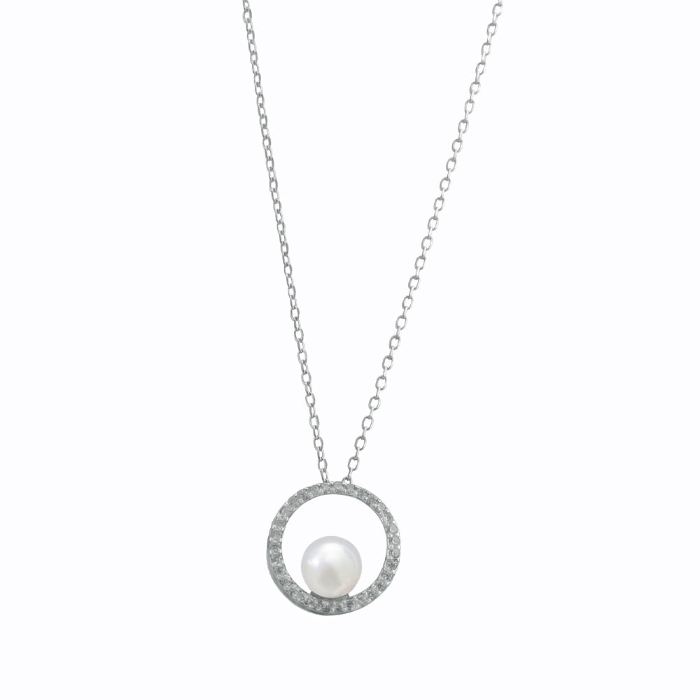 Open Freshwater Pearl & Cubic Zirconia Circle Necklace.