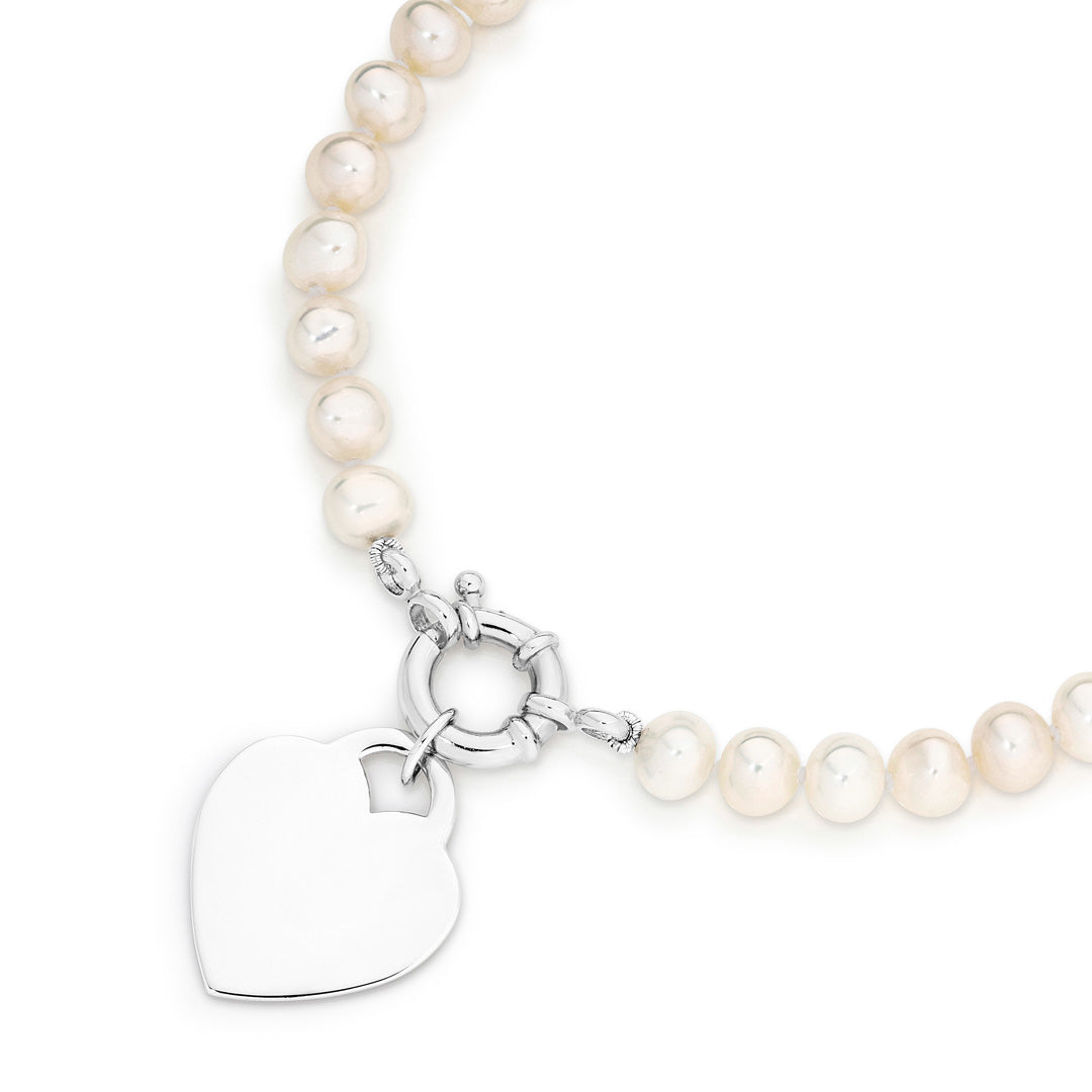 Sterling Silver Freshwater Pearl Necklace with Heart Disc – 45cm - Elegant Simplicity.