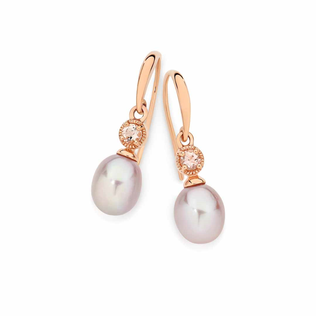 9ct Rose Gold Lavender Pearl & Morganite Drop Earrings.