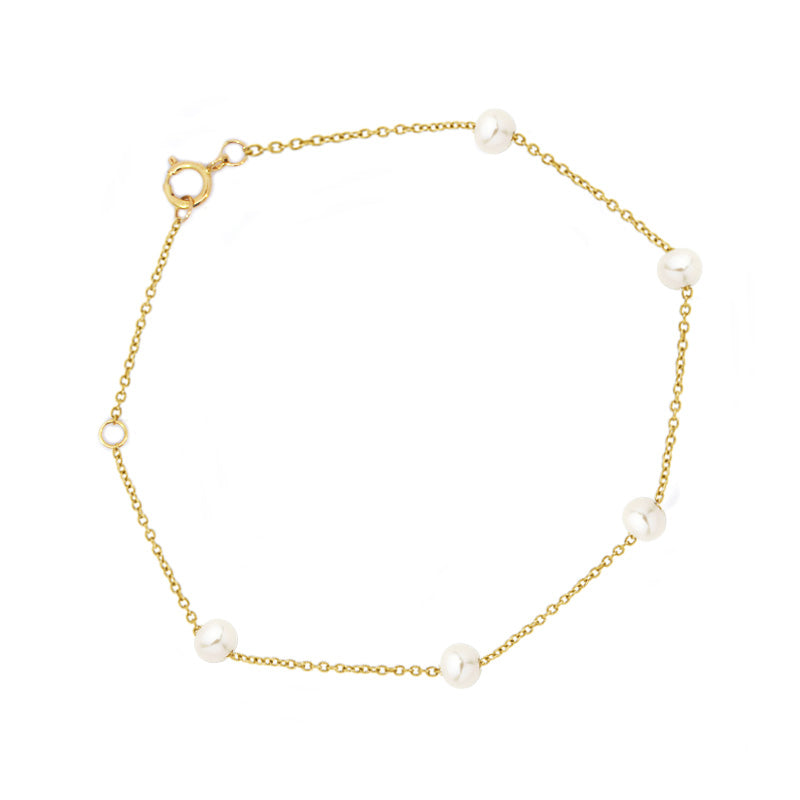 9ct Yellow Gold Fine Chain Freshwater Pearl Stationed Bracelet 19cms